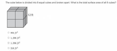 The cube below is divided into 8 equal cubes and broken apart. What is the total surface area of al