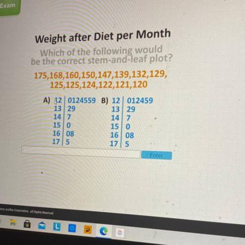 Weight after Diet per Month

Which of the following would
be the correct stem-and-leaf plot?
175,1