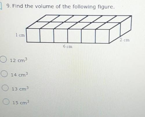 Find the volume of the following figure. 1 Icm 2 cm 6 cm O 12 cm O 14 cm3 O 13 cm 15 cm​