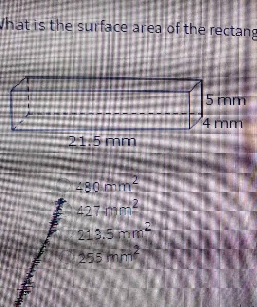 . What is the surface area of the rectangular prism? (1 point) 480mm2 427 mm2 213.5 mm2 255 mm2​