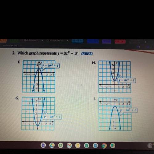 2. Which graph represents y = 3x2 - 1? (EBF.3)

F.
H.
Cyax² + c
G.
1.
3-2-1
12
y
ax?
23
PLEASE HUR