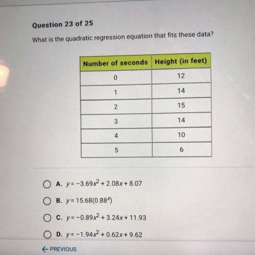 What is the quadratic regression equation that fits these data 0 12