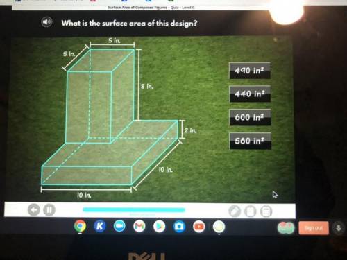 What is the surface area of this design?

5 in.
5 in.
490 ina
8 in.
440 in?
600 in2
2 in.
560 in
1