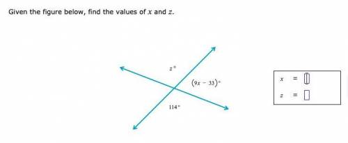 Pls help I have no idea how to do this 
Given the figure below, find the values of x and z.