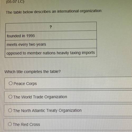 The table below describes an international organization:

?
founded in 1995
meets every two years