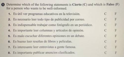 Determine which of the following statements is Cierto (C) and which is Falso (F) for a person who w