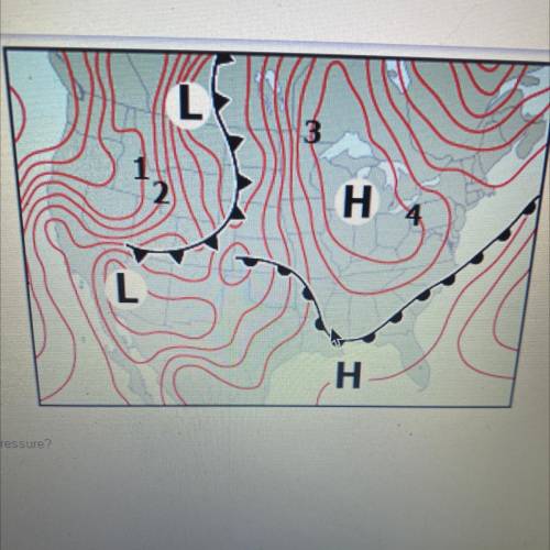 Which two locations are experiencing the same atmospheric pressure?

1 and 2
2 and 3
2 and 4
3 and