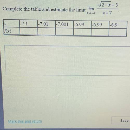 Complete the table and estimate the limit
lim √2-x-3/x+7
x->-7