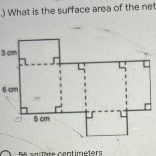 What is the surface area of the net of this 3-dimensional figure?

3 cm
s
6 cm
1
1
5 cm