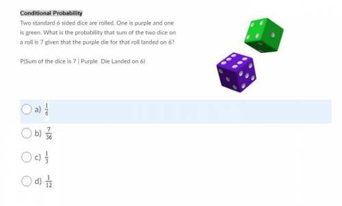 Two standard 6 sided dice are rolled. One is purple and one is green. What is the probability that