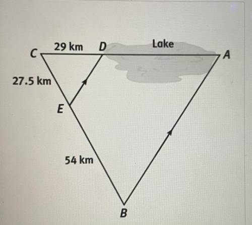 Clarissa needs to find the distance across the lake shown. The knows measurements are shown. What i