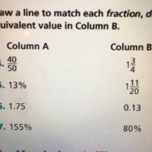 Draw a line to match each fraction, decimal, or percent in Column A to the equivalent value in Colu