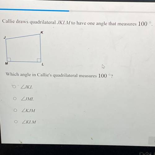 Callie draws quadrilateral JKLM to have one angle that measures 100°.
PLEASE HELP
