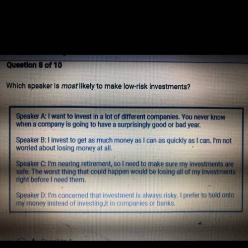 Which speaker is most likely to make low-risk investments?

Speaker A: I want to invest in a lot o