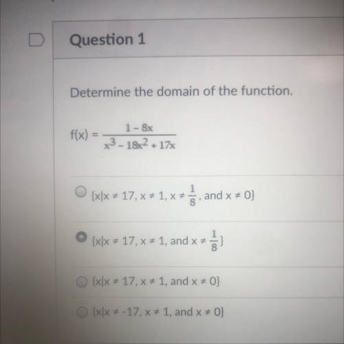 Determine the domain of the function.
f(x) =
1-8x
x3 - 18x2 +17%