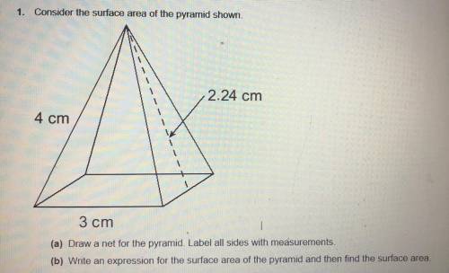 1. Consider the surface area of the pyramid shown.

(a) Draw a net for the pyramid. Label all side