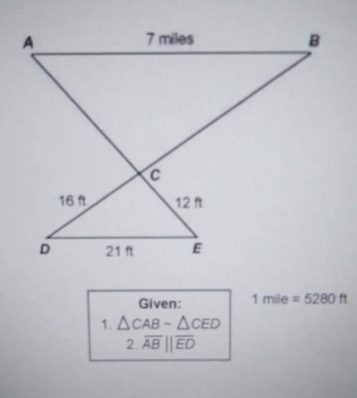 Using the diagram below, which of the following parts of the triangles are congruent? А 7 miles B 1
