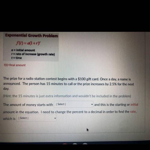 Exponential Growth Problem

f(1) = a(1 + r)
a = initial amount
r=rate of increase (growth rate)
t