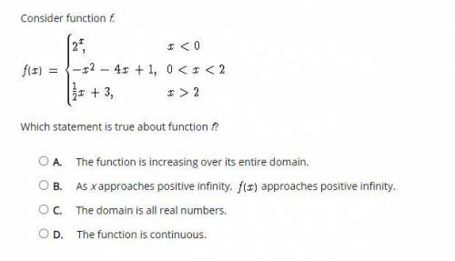 Consider function f.

Which statement is true about function f?
A. 
The function is increasing ove