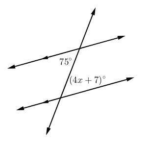 Examine the figure of two parallel lines cut by a transversal.

What is the value of x?
