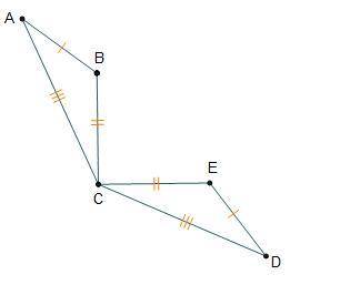 The triangles are congruent by the SSS congruence theorem. Triangles A B C and D E C are connected