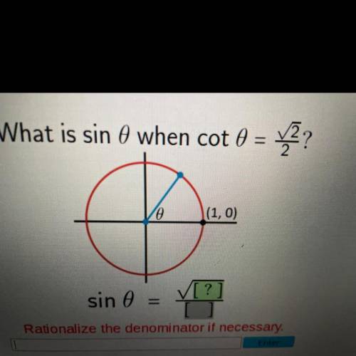 What is sin 0 when cot 0 = {?

0
(1,0)
sin e
Rationalize the denominator if necessary.