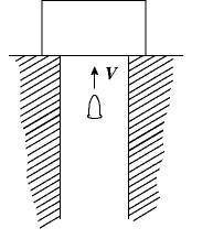 As seen in the figure, a bullet with mass of 15.0-g is fired vertically and penetrates a block with