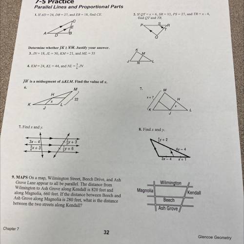PLEASE HELP DUE TODAY! 7-5 Practice Parallel Lines and Proportional Parts Glencoe Geometry