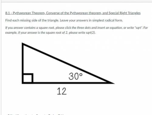 Find each missing side of the triangle. Leave your answers in simplest radical form.