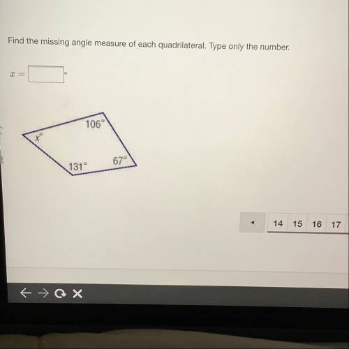 Find the missing angle measure of each quadrilateral. Type only the number. I need this urgently! P
