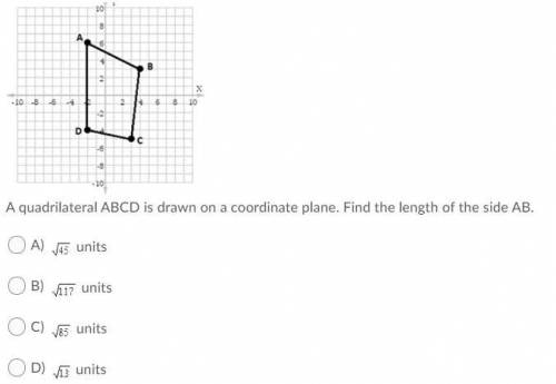 A quadrilateral ABCD is drawn on a coordinate plane. Find the length of the side AB.