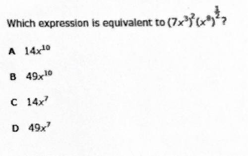 Which expression is equivalent to (7x3)2 (x8)1/2 ?

A 14x10
B 49x10
C 14x7. 
D 49x7
