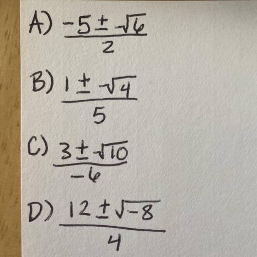￼Amina use the quadratic formula to solve an equation. Result shows two solutions that are complex