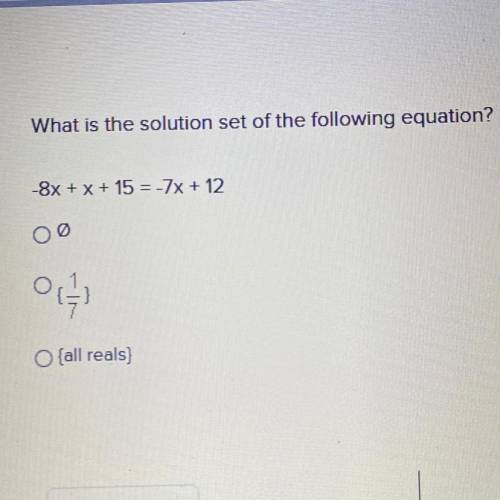 What is the solution set of the following equation?
-8x + x + 15 = -7x + 12