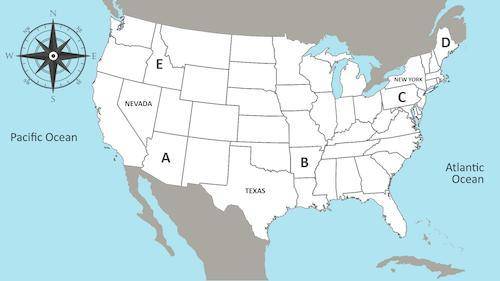 Which state is located at point E?
A- Arizona
B- Arkansas
C- Idaho
D- Maine