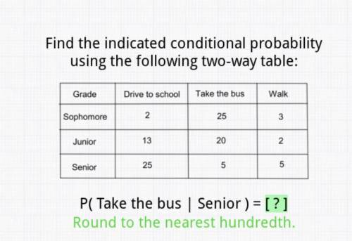 Find the indicated conditional probability using the following two-way table: P (Take the bus | sen