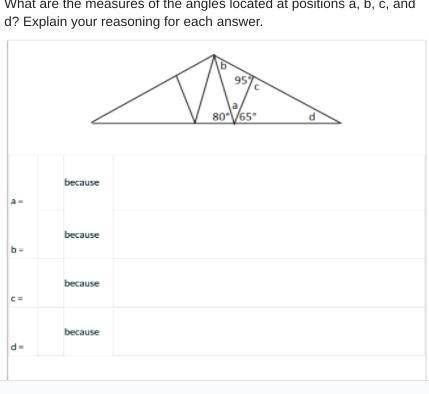 What are the measures of the angles located at positions a, b, c, and d? Explain your reasoning for