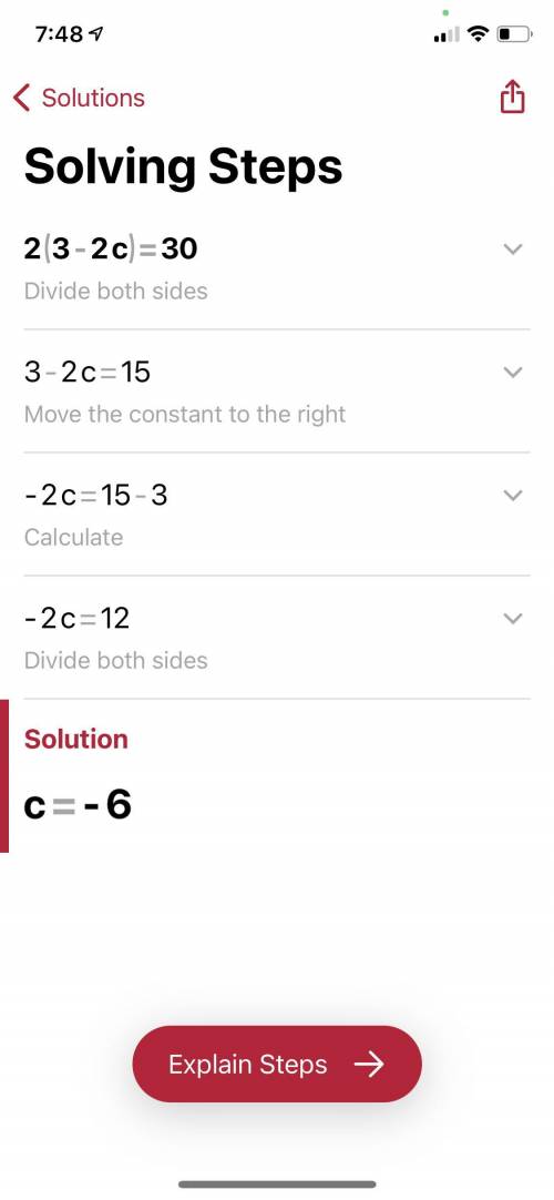 Solve for c 2(3-2c)=30