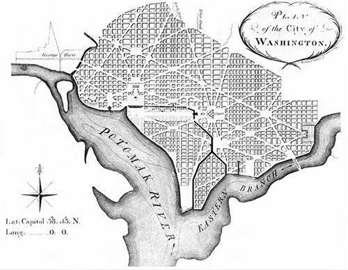 Map of the plan of the city of Philadelphia. The city is largely composed of north south and east w