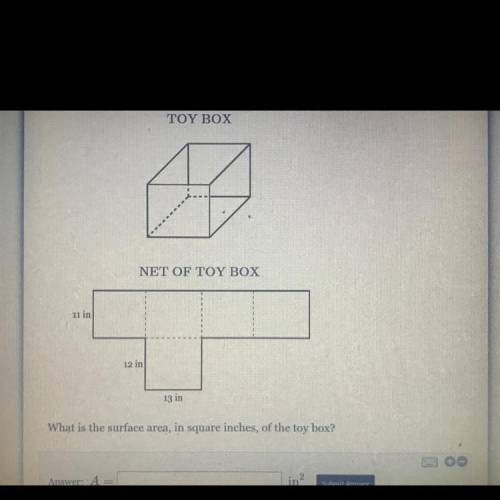 NET OF TOY BOX

11 in
12 in
13 in
What is the surface area, in square inches, of the toy box?