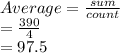 Average = \frac{sum}{count} \\= \frac{390}{4} \\=97.5