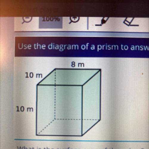 Use the diagram of a prism to answer the question.

8 m
10 m
10 m
What is the surface area of the