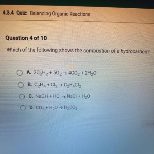 Which of the following shows the combustion of a hydrocarbon?