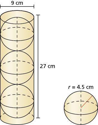 A cylindrical container of three rubber balls has a height of 27 centimeters and a diameter of 9 c