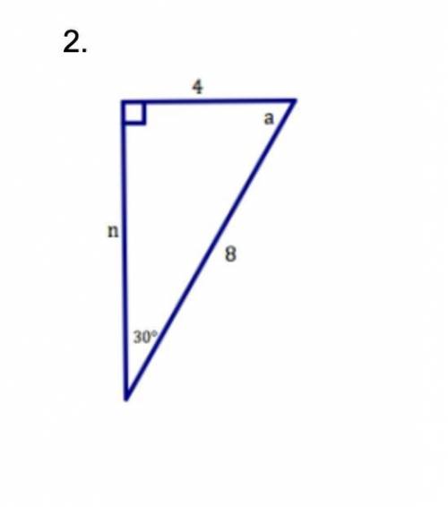 For each right triangle below, find the missing side (Pythagorean’s Theorem) and the missing angle
