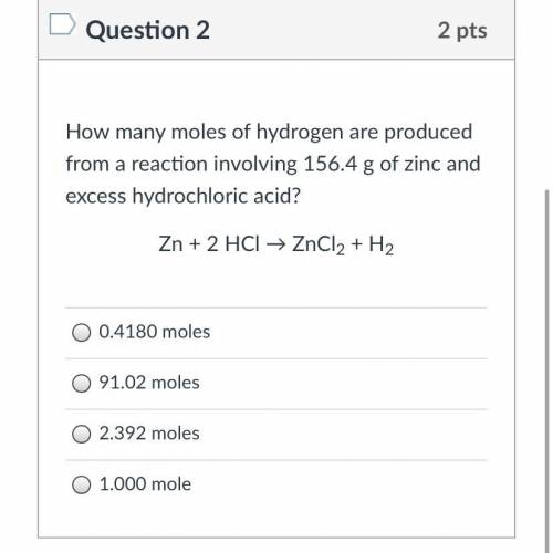How many moles of hydrogen are produced from a reaction involving 156.4 g of zinc and excess hydroc