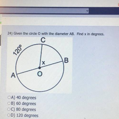 Given the circle O with the diameter AB. Find x in degrees.

A) 40 degrees
B) 60 degrees
C) 80 deg