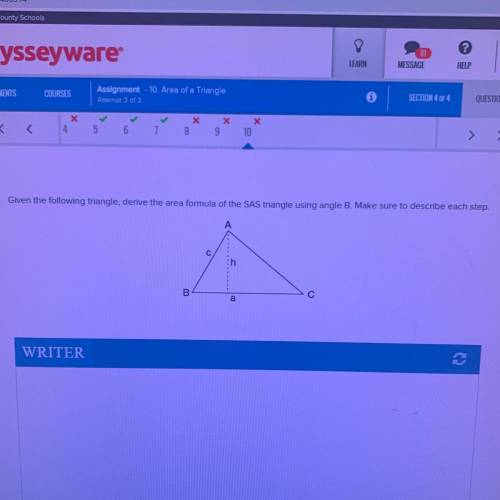 Given the following triangle, derive the area formula of the SAS triangle using angle B. Make sure