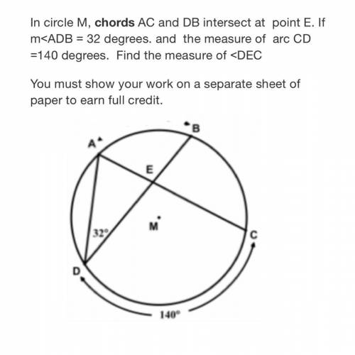 In circle M, chords AC and DB intersect at point E. If m