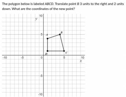 The polygon below is labeled ABCD. Translate point B 3 units to the right and 2 units down. What ar